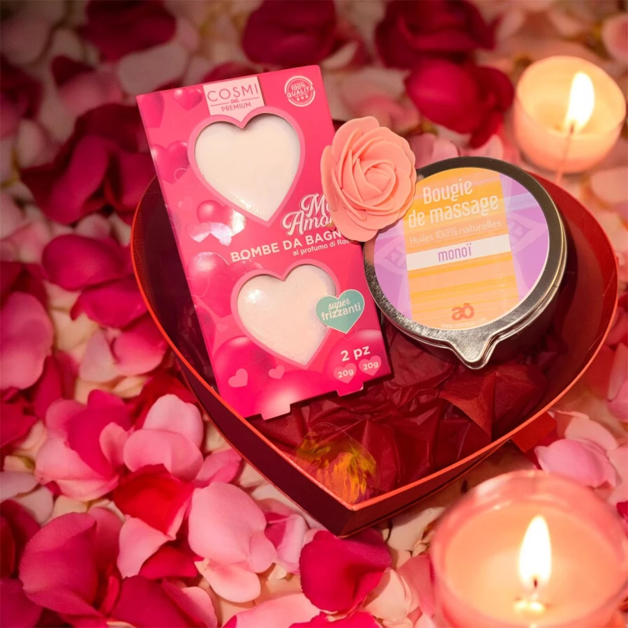 Coffret Saint Valentin Bougie massage et Bombes de bain